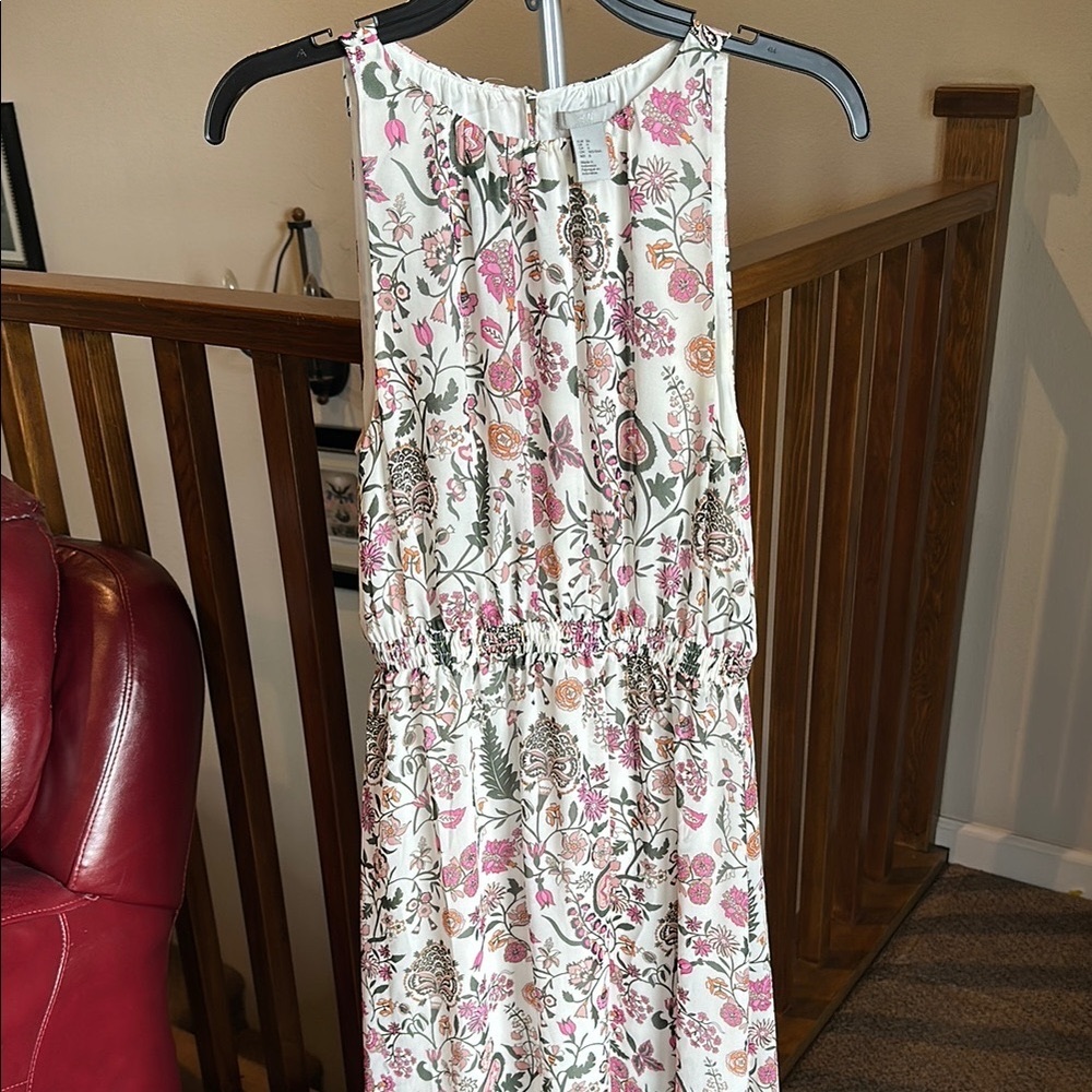 Floral Sleeveless White Maxi Dress with Pink & Green Print